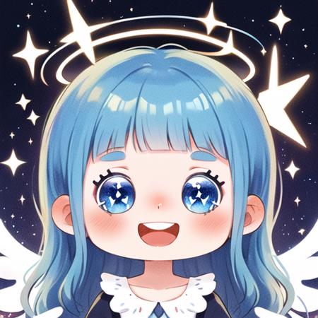 03021-2560030342-_lora_lbtx-009_0.5_,lbtx,1girl,solo,blue hair,smile,bangs,open mouth,blue eyes,long hair,wings,halo,blunt bangs,teeth,sparkle,ch.png